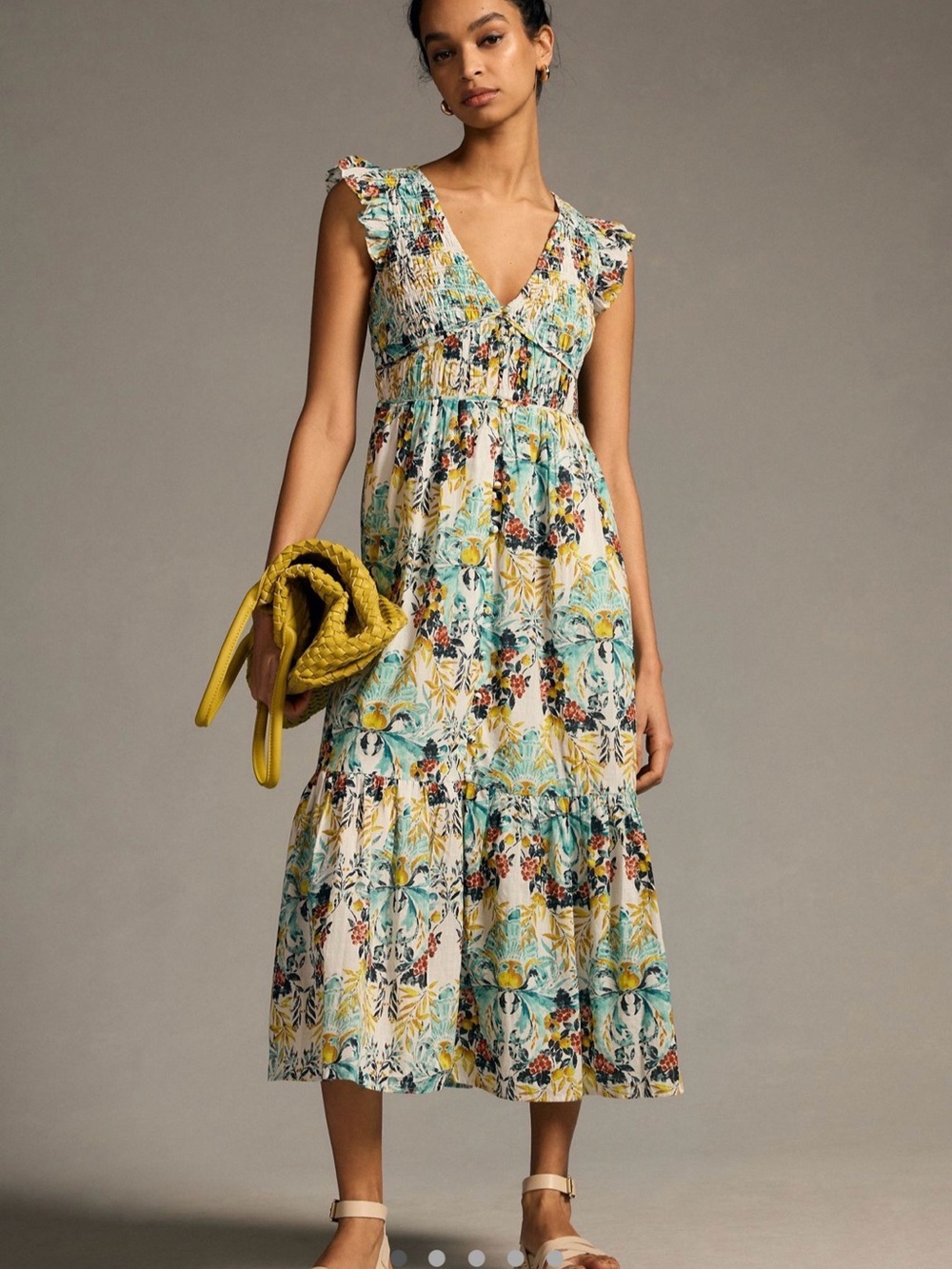 Anthropologie Floral Tiered Midi Dress in Yellow and Teal